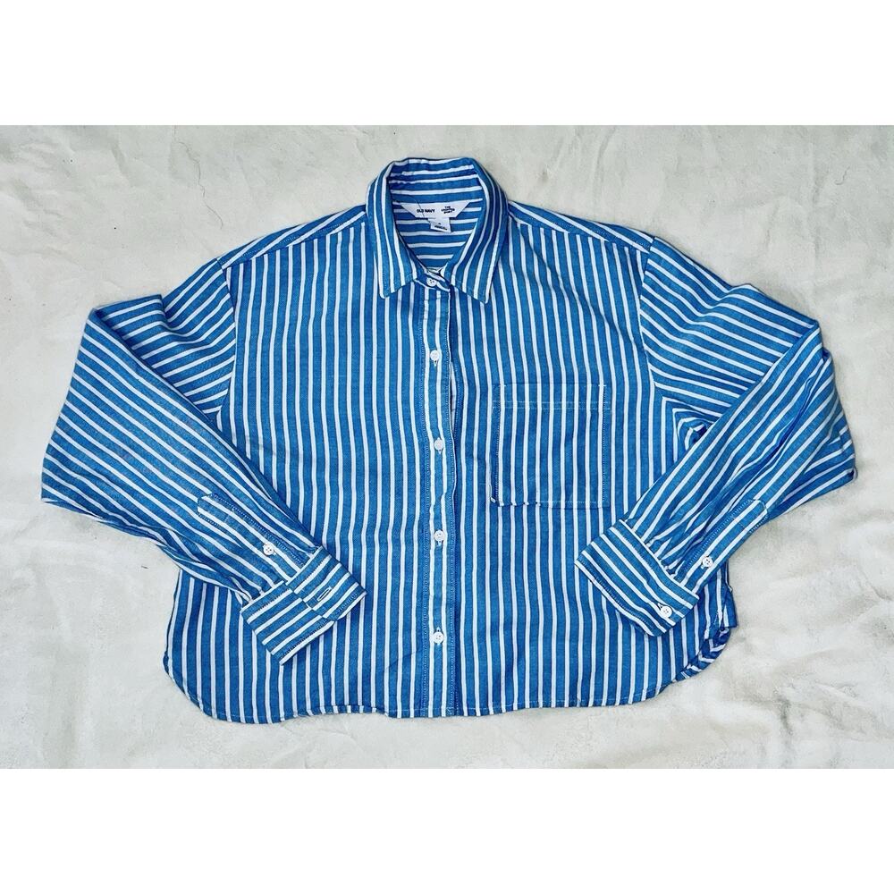 Cropped Striped Button Down Shirt Blue White Long Sleeve Casual Trendy Top Sz Sm